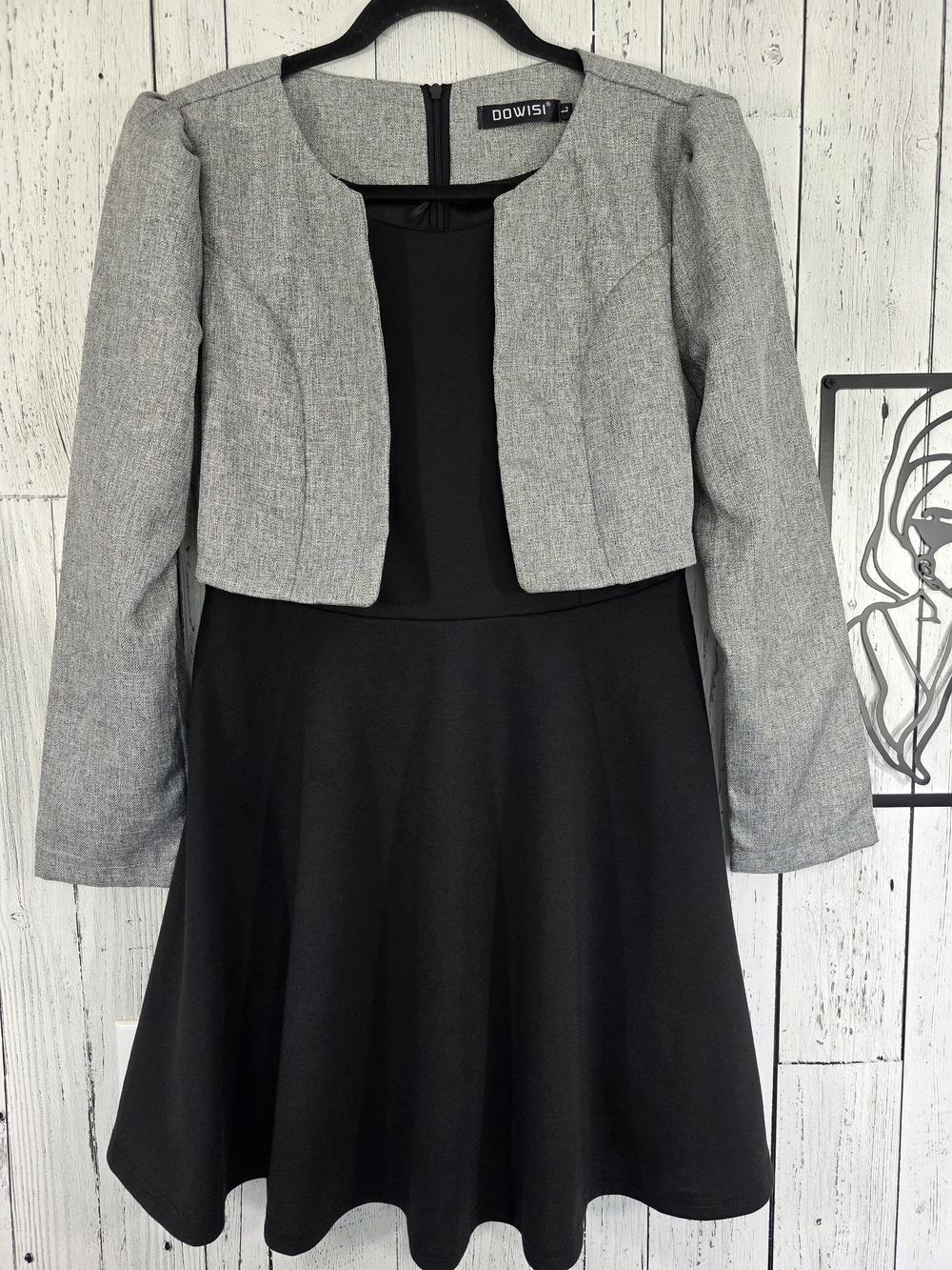 Dowisi Black Fit & Flare Dress with Attached Grey Jacket Size Large Officewear